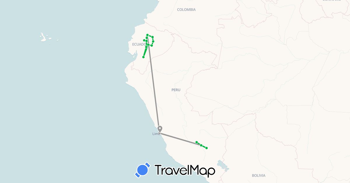 TravelMap itinerary: driving, bus, plane in Ecuador, Peru (South America)